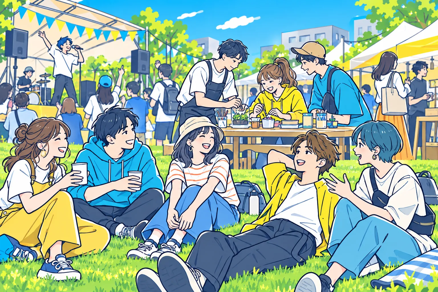 ステージや体験、人工芝での交流を楽しむ人々のイメージイラスト